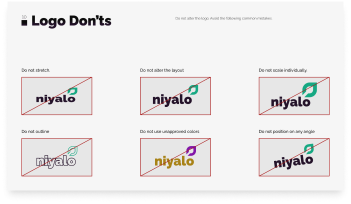 Do's and Don'ts for niyalo logo usage on various mockups.